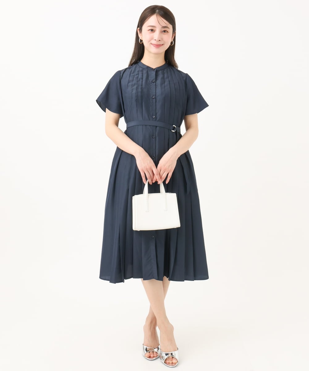 F1EGA48220 MK MICHEL KLEIN(小さいサイズ)(メゾン ドゥ サンク) 【小さいサイズ】フロントタックデザインワンピース/2way/洗える ネイビー