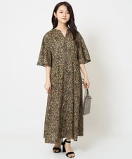 F1EGA50230 MK MICHEL KLEIN(小さいサイズ)(メゾン ドゥ サンク) 【小さいサイズ】キーネックコットンワンピース/洗える モカ（柄）