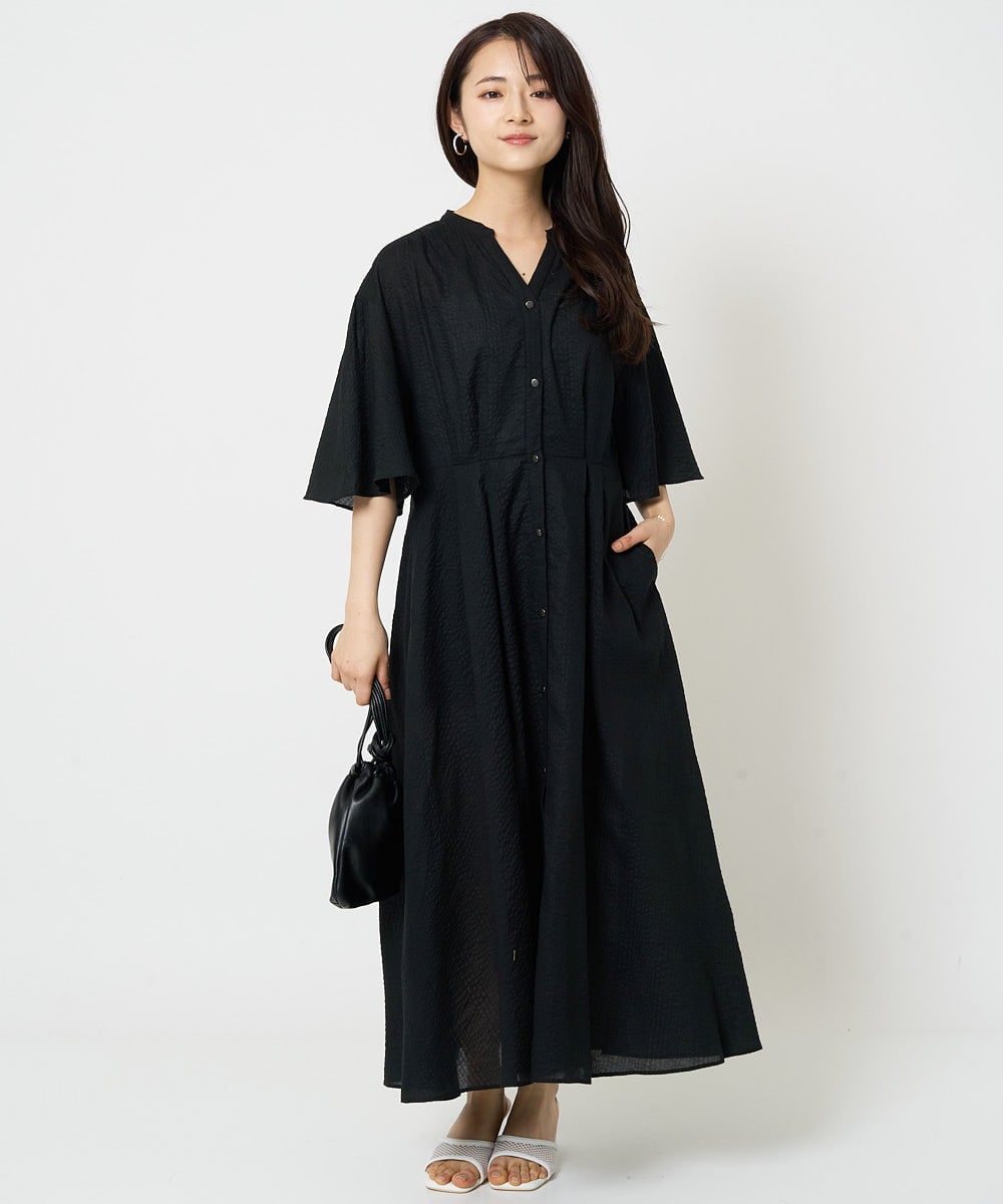 F1EGA50230 MK MICHEL KLEIN(小さいサイズ)(メゾン ドゥ サンク) 【小さいサイズ】キーネックコットンワンピース/洗える モカ（柄）