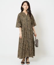 F1EGA50230 MK MICHEL KLEIN(小さいサイズ)(メゾン ドゥ サンク) 【小さいサイズ】キーネックコットンワンピース/洗える モカ（柄）
