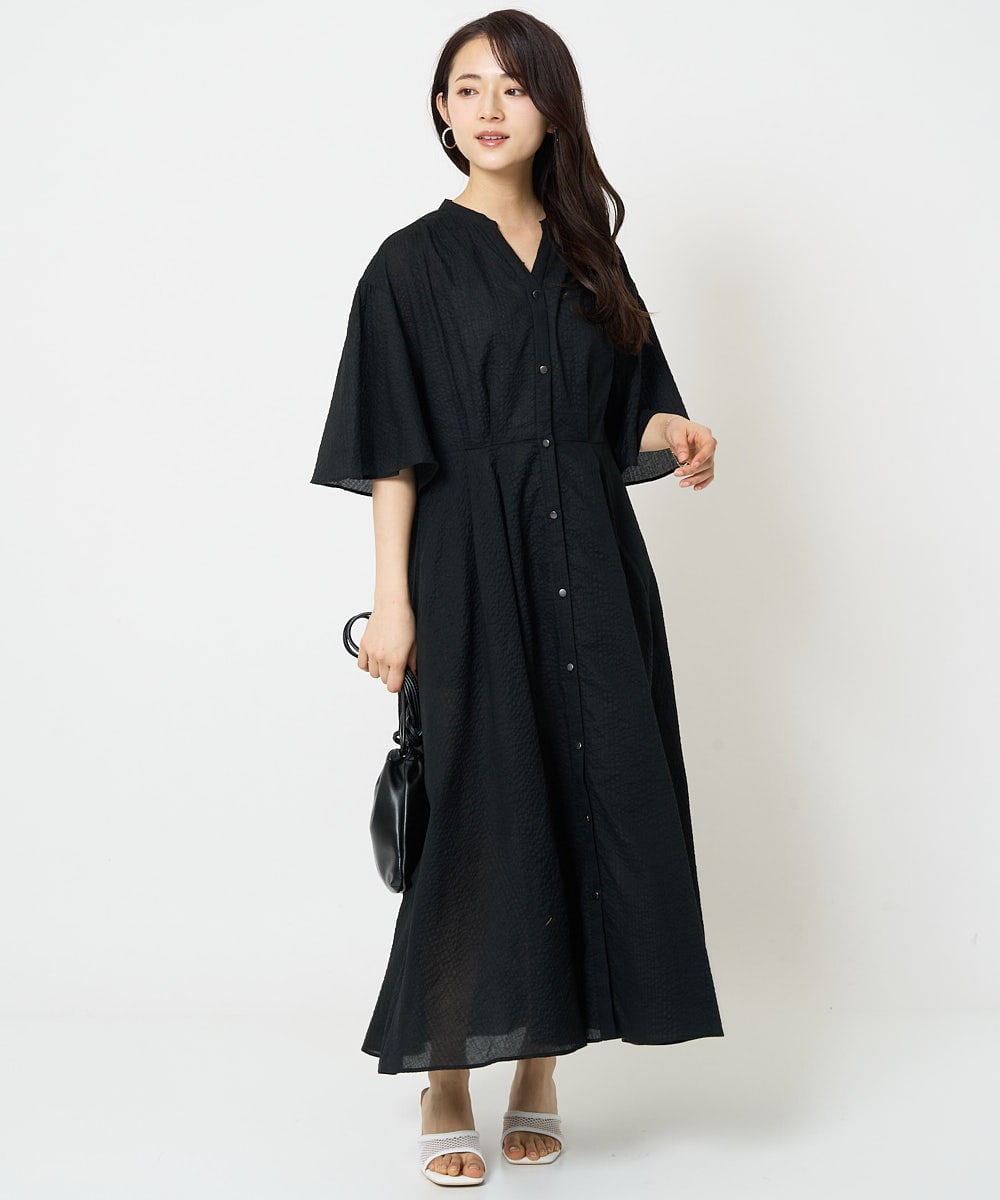 F1EGA50230 MK MICHEL KLEIN(小さいサイズ)(メゾン ドゥ サンク) 【小さいサイズ】キーネックコットンワンピース/洗える モカ（柄）