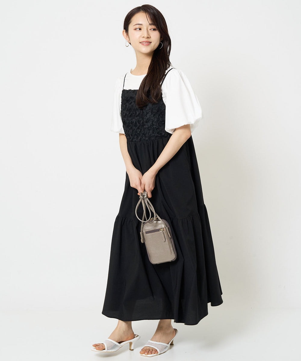 F1EGA51230 MK MICHEL KLEIN(小さいサイズ)(メゾン ドゥ サンク) 【小さいサイズ】フラワー3D刺繍ティアードキャミワンピース/洗える ブラック