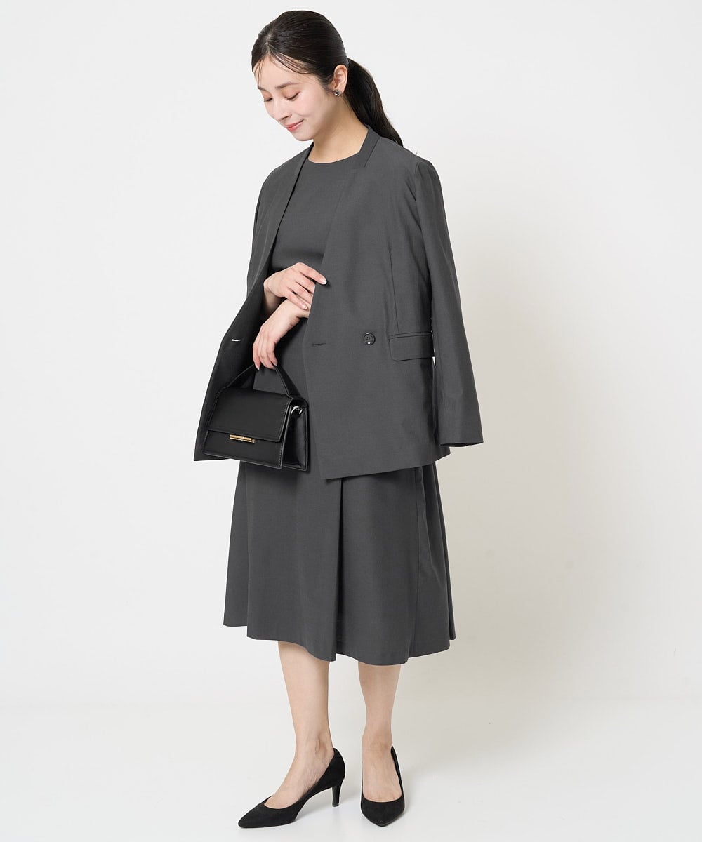 F1EGA55230 MK MICHEL KLEIN(小さいサイズ)(メゾン ドゥ サンク) 【小さいサイズ】サイドベルトデザイン ウエストタックストレッチワンピース/洗える ダークグレー