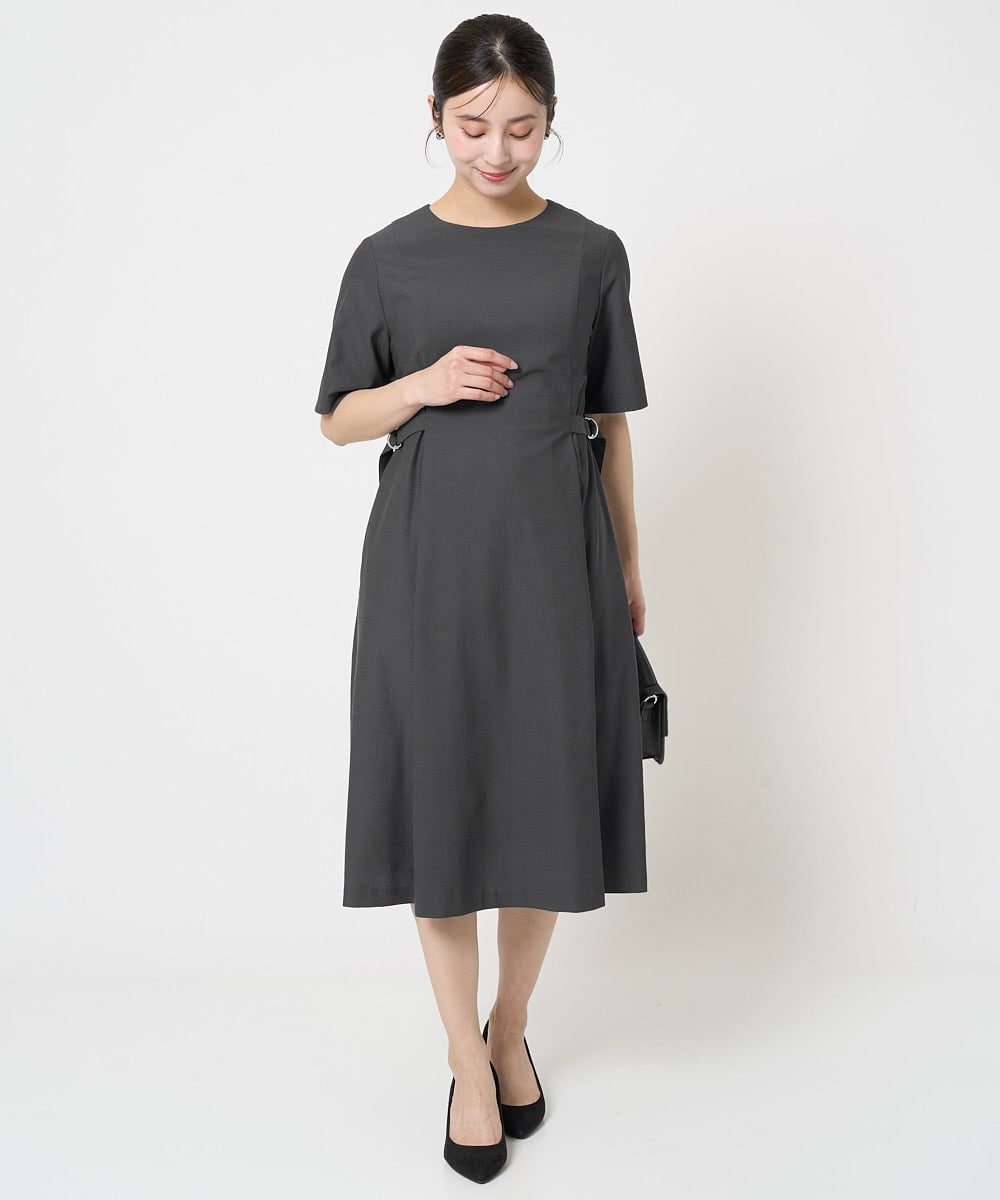 F1EGA55230 MK MICHEL KLEIN(小さいサイズ)(メゾン ドゥ サンク) 【小さいサイズ】サイドベルトデザイン ウエストタックストレッチワンピース/洗える ダークグレー