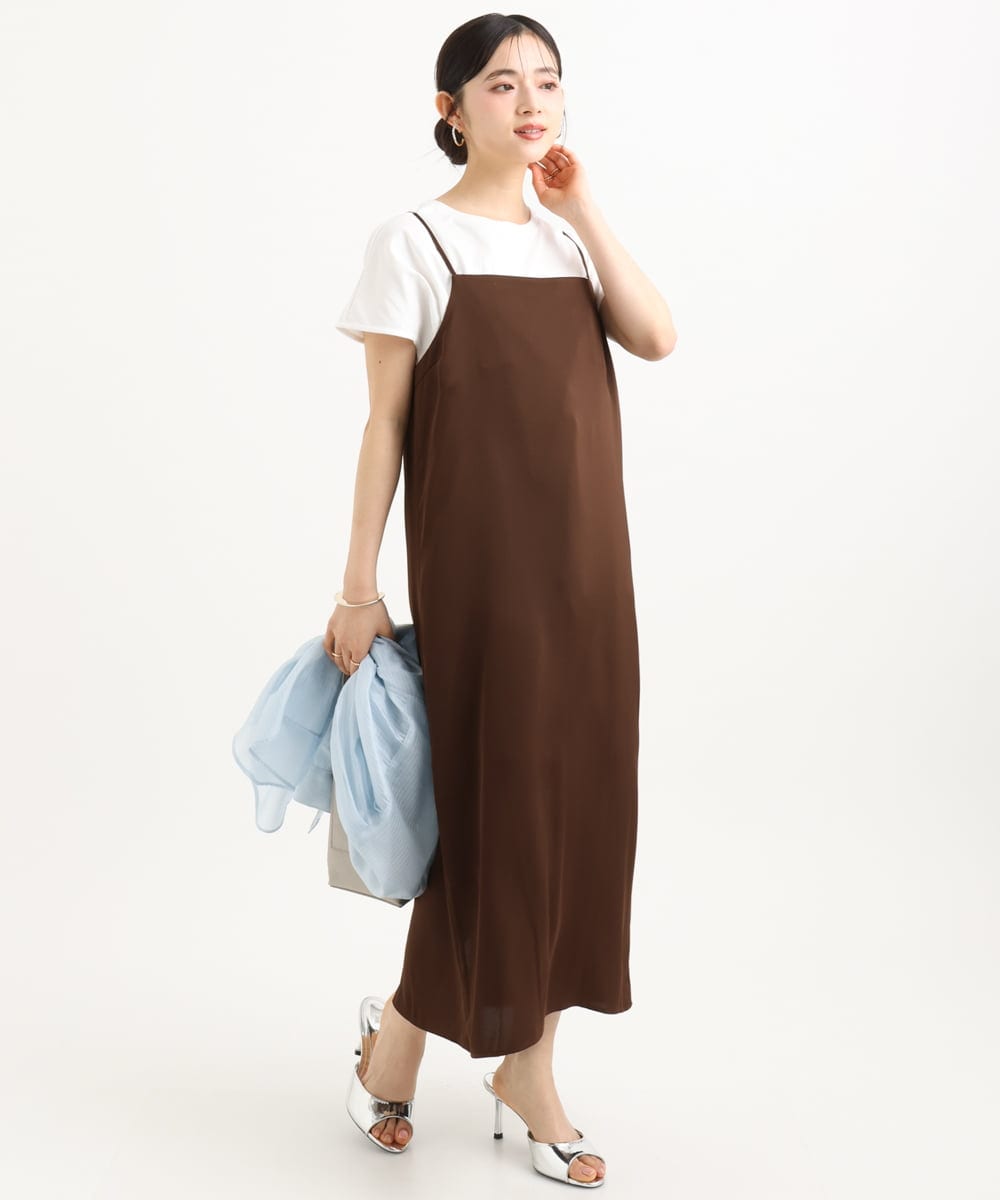 F1EGD37210 MK MICHEL KLEIN(小さいサイズ)(メゾン ドゥ サンク) 【小さいサイズ】サテンキャミワンピース/洗濯機で洗える ブラウン