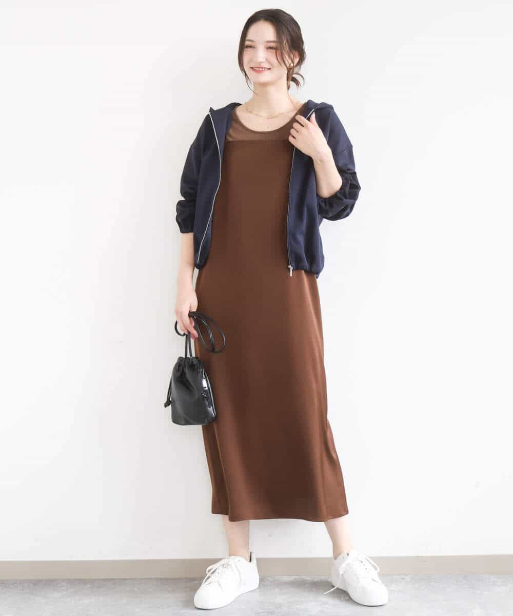 F1EGD37210 MK MICHEL KLEIN(小さいサイズ)(メゾン ドゥ サンク) 【小さいサイズ】サテンキャミワンピース/洗濯機で洗える ブラウン