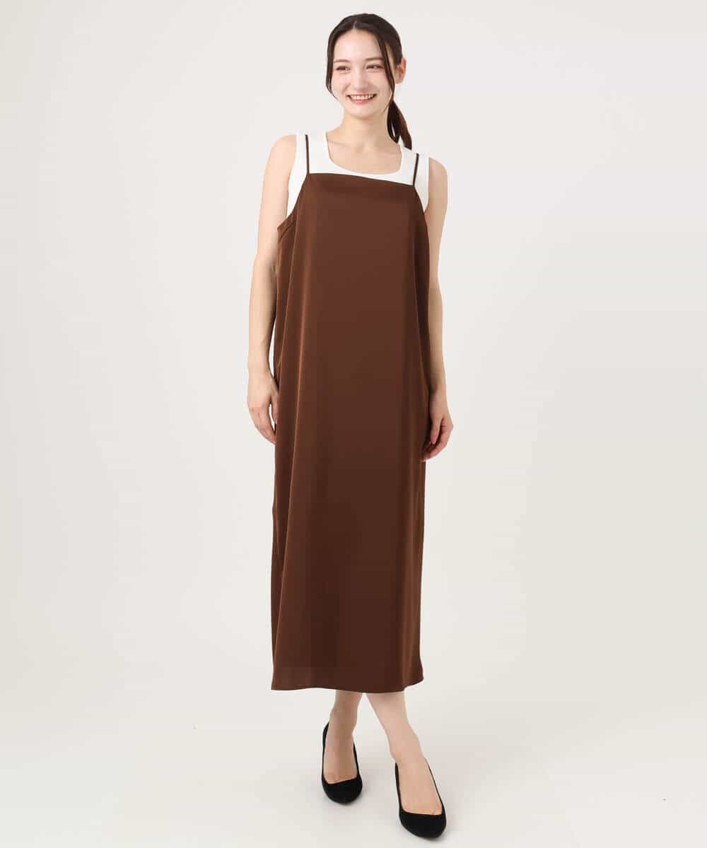 F1EGD37210 MK MICHEL KLEIN(小さいサイズ)(メゾン ドゥ サンク) 【小さいサイズ】サテンキャミワンピース/洗濯機で洗える ブラウン