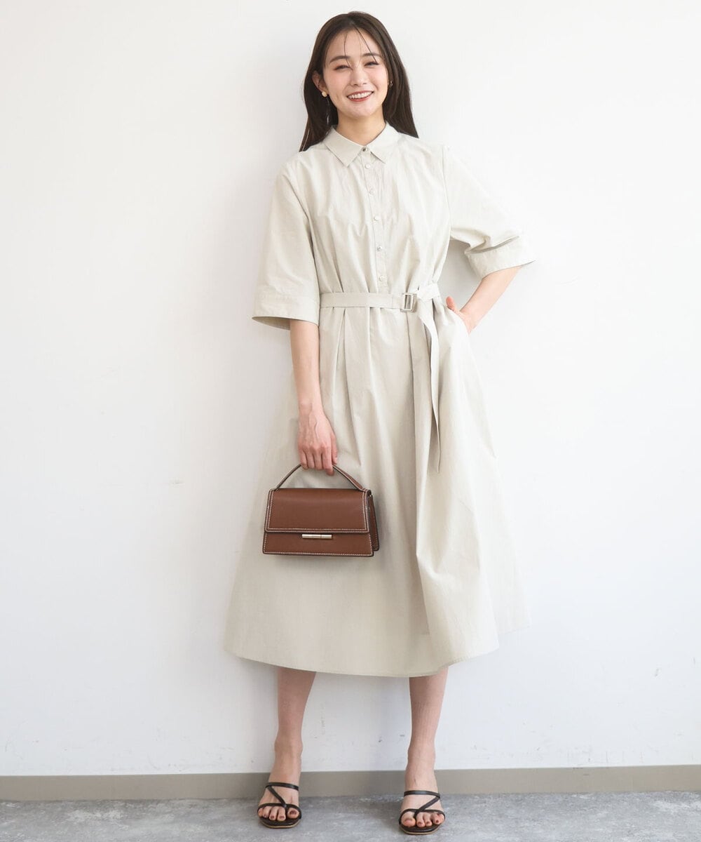F1EGD40220 MK MICHEL KLEIN(小さいサイズ)(メゾン ドゥ サンク) 【小さいサイズ】ハーフスリーブ シャツワンピース/UVカット/洗える ベージュ
