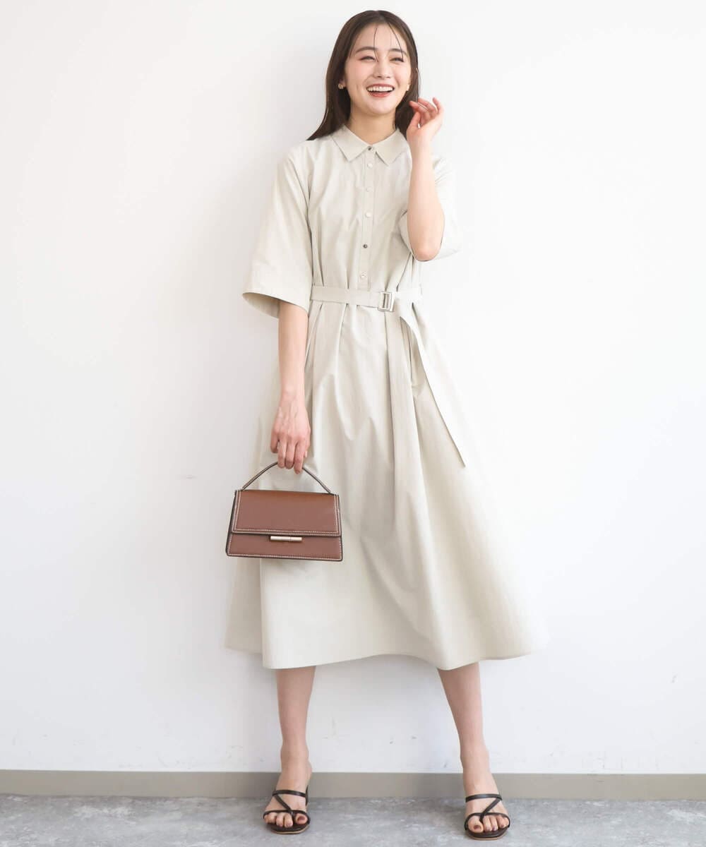 F1EGD40220 MK MICHEL KLEIN(小さいサイズ)(メゾン ドゥ サンク) 【小さいサイズ】ハーフスリーブ シャツワンピース/UVカット/洗える ベージュ