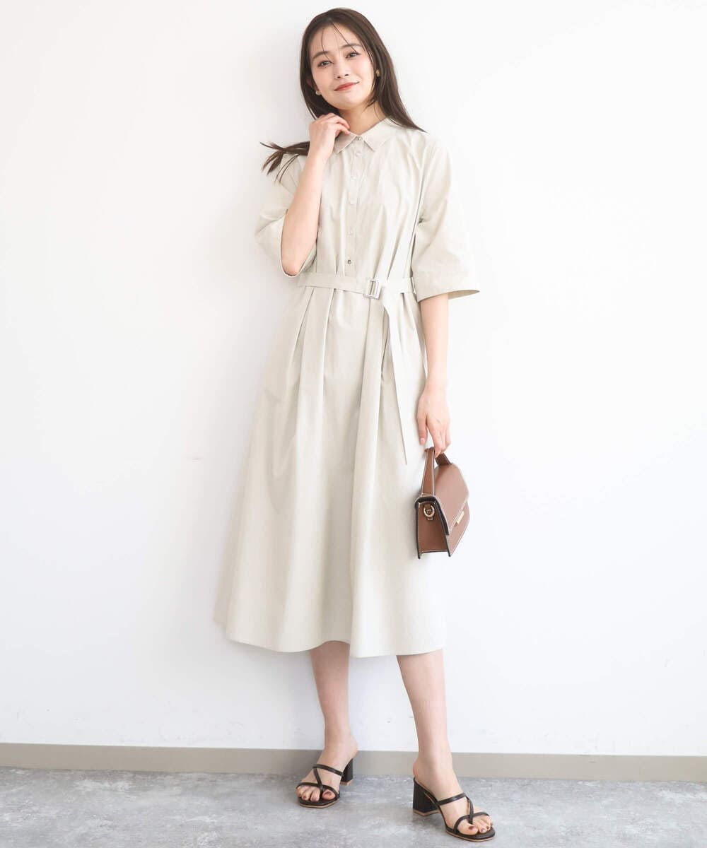 F1EGD40220 MK MICHEL KLEIN(小さいサイズ)(メゾン ドゥ サンク) 【小さいサイズ】ハーフスリーブ シャツワンピース/UVカット/洗える ベージュ