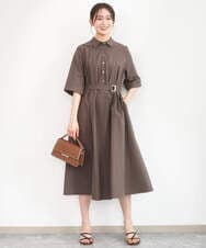 F1EGD40220 MK MICHEL KLEIN(小さいサイズ)(メゾン ドゥ サンク) 【小さいサイズ】ハーフスリーブ シャツワンピース/UVカット/洗える ベージュ