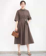 F1EGD40220 MK MICHEL KLEIN(小さいサイズ)(メゾン ドゥ サンク) 【小さいサイズ】ハーフスリーブ シャツワンピース/UVカット/洗える ベージュ