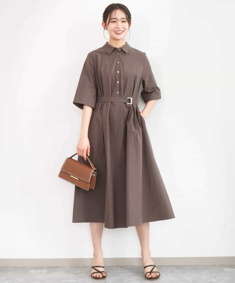 F1EGD40220 MK MICHEL KLEIN(小さいサイズ)(メゾン ドゥ サンク) 【小さいサイズ】ハーフスリーブ シャツワンピース/UVカット/洗える ベージュ