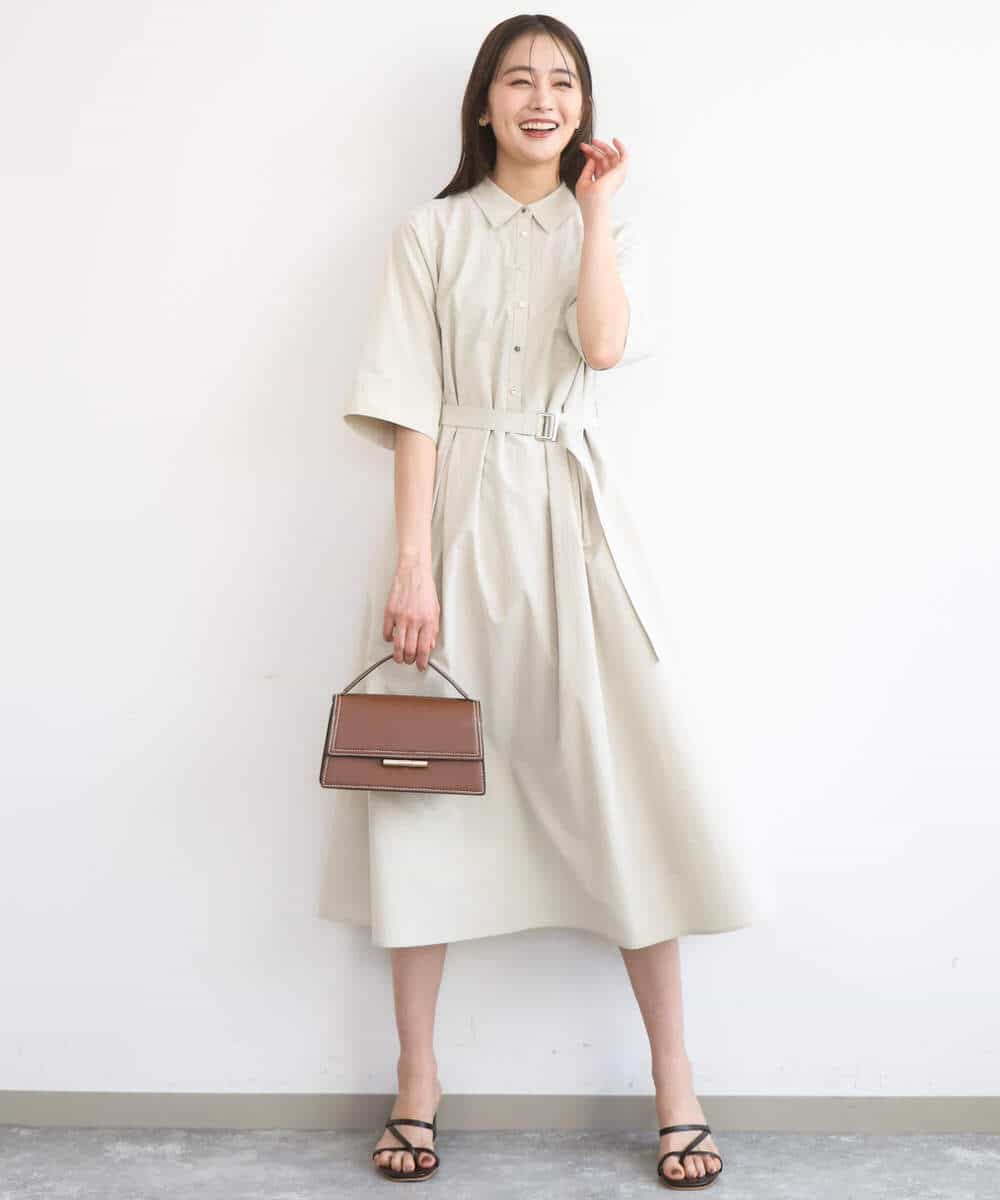 F1EGD40220 MK MICHEL KLEIN(小さいサイズ)(メゾン ドゥ サンク) 【小さいサイズ】ハーフスリーブ シャツワンピース/UVカット/洗える ベージュ