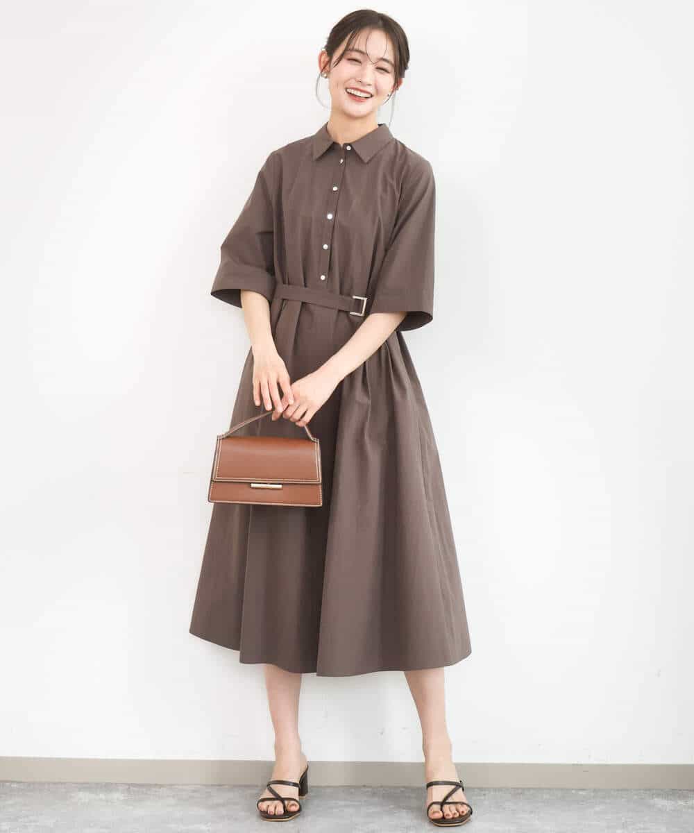 F1EGD40220 MK MICHEL KLEIN(小さいサイズ)(メゾン ドゥ サンク) 【小さいサイズ】ハーフスリーブ シャツワンピース/UVカット/洗える ブラウン