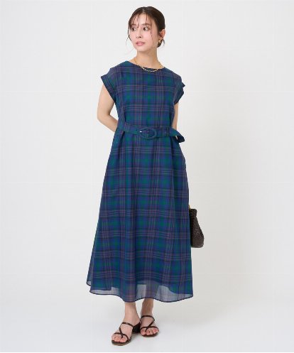 F1EGD46230 MK MICHEL KLEIN(小さいサイズ) 【小さいサイズ】オーガンジーチェック柄フレアシルエットワンピース/洗える