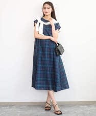 F1EGD46230 MK MICHEL KLEIN(小さいサイズ)(メゾン ドゥ サンク) 【小さいサイズ】オーガンジーチェック柄フレアシルエットワンピース/洗える ネイビー