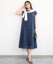 F1EGD46230 MK MICHEL KLEIN(小さいサイズ)(メゾン ドゥ サンク) 【小さいサイズ】オーガンジーチェック柄フレアシルエットワンピース/洗える ネイビー