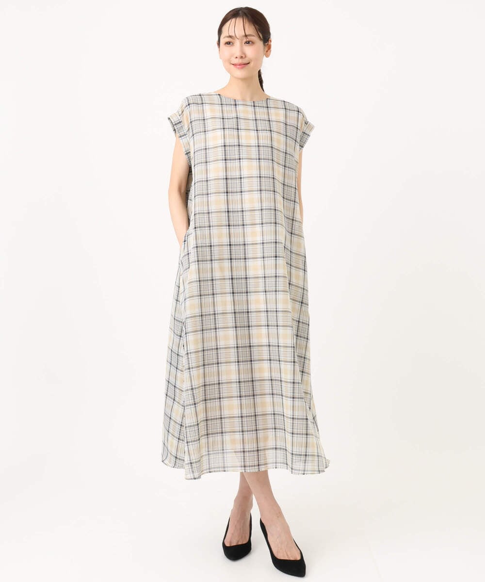 F1EGD46230 MK MICHEL KLEIN(小さいサイズ)(メゾン ドゥ サンク) 【小さいサイズ】オーガンジーチェック柄フレアシルエットワンピース/洗える ネイビー