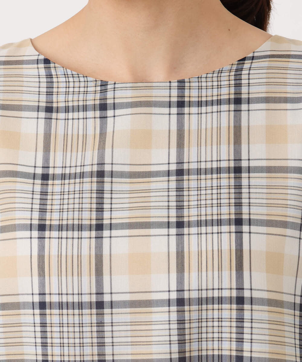 F1EGD46230 MK MICHEL KLEIN(小さいサイズ)(メゾン ドゥ サンク) 【小さいサイズ】オーガンジーチェック柄フレアシルエットワンピース/洗える ネイビー