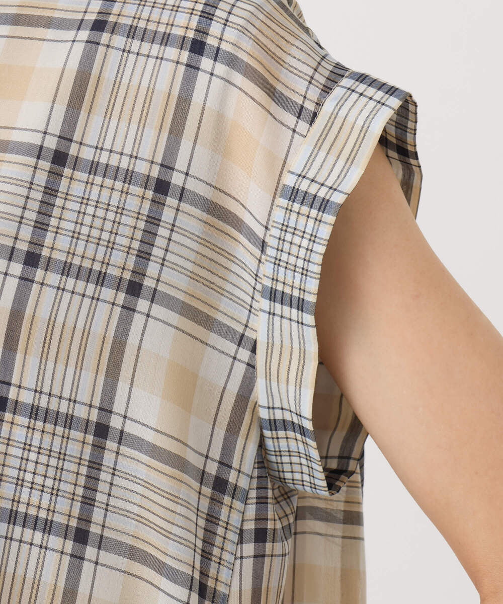 F1EGD46230 MK MICHEL KLEIN(小さいサイズ)(メゾン ドゥ サンク) 【小さいサイズ】オーガンジーチェック柄フレアシルエットワンピース/洗える ネイビー