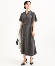 F1EGD58210 MK MICHEL KLEIN(小さいサイズ)(メゾン ドゥ サンク) 【小さいサイズ】[洗える]フレアースリーブ ベルト付きワンピース ダークグレー