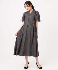 F1EGD58210 MK MICHEL KLEIN(小さいサイズ)(メゾン ドゥ サンク) 【小さいサイズ】[洗える]フレアースリーブ ベルト付きワンピース ダークグレー