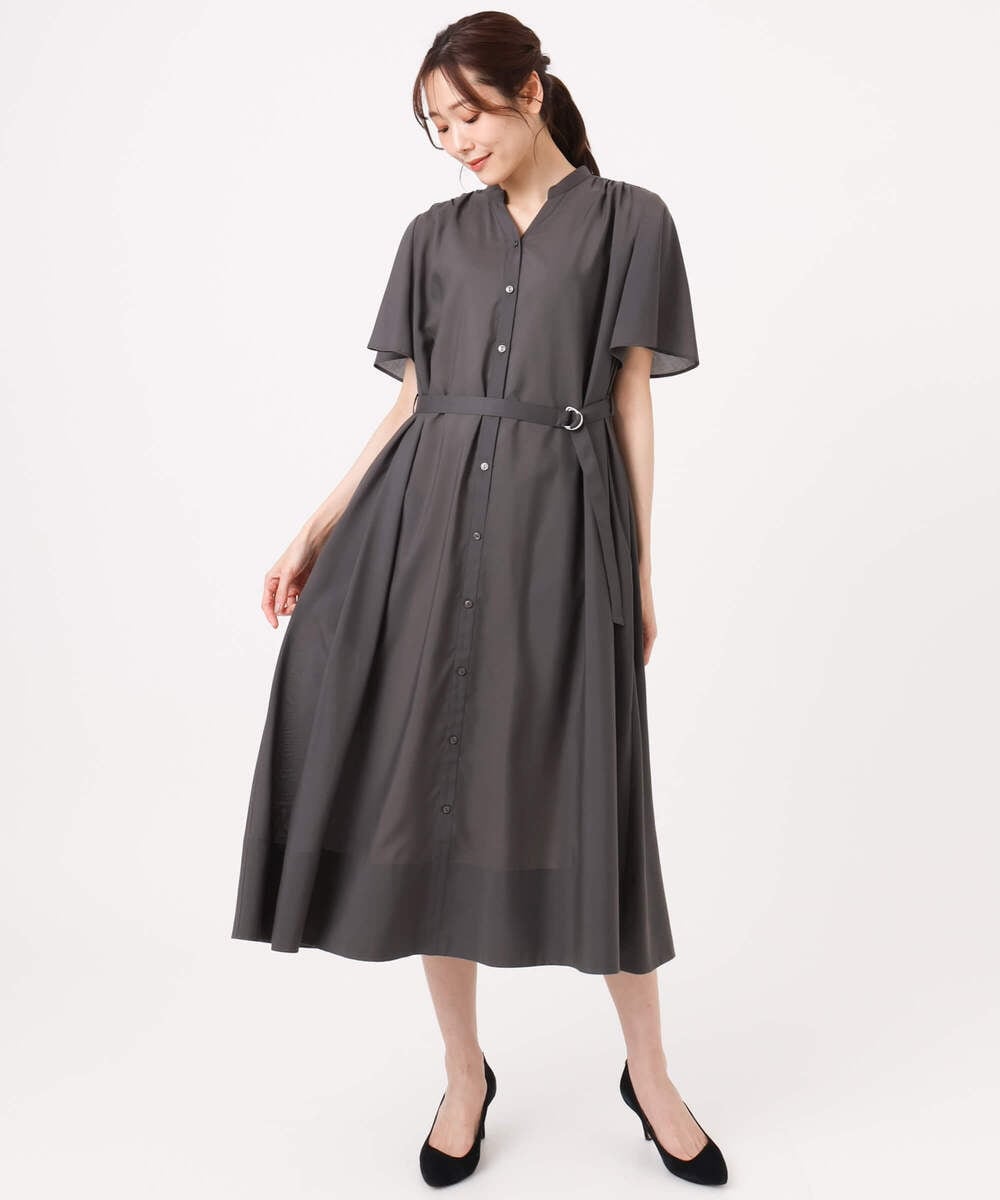 F1EGD58210 MK MICHEL KLEIN(小さいサイズ)(メゾン ドゥ サンク) 【小さいサイズ】[洗える]フレアースリーブ ベルト付きワンピース ダークグレー