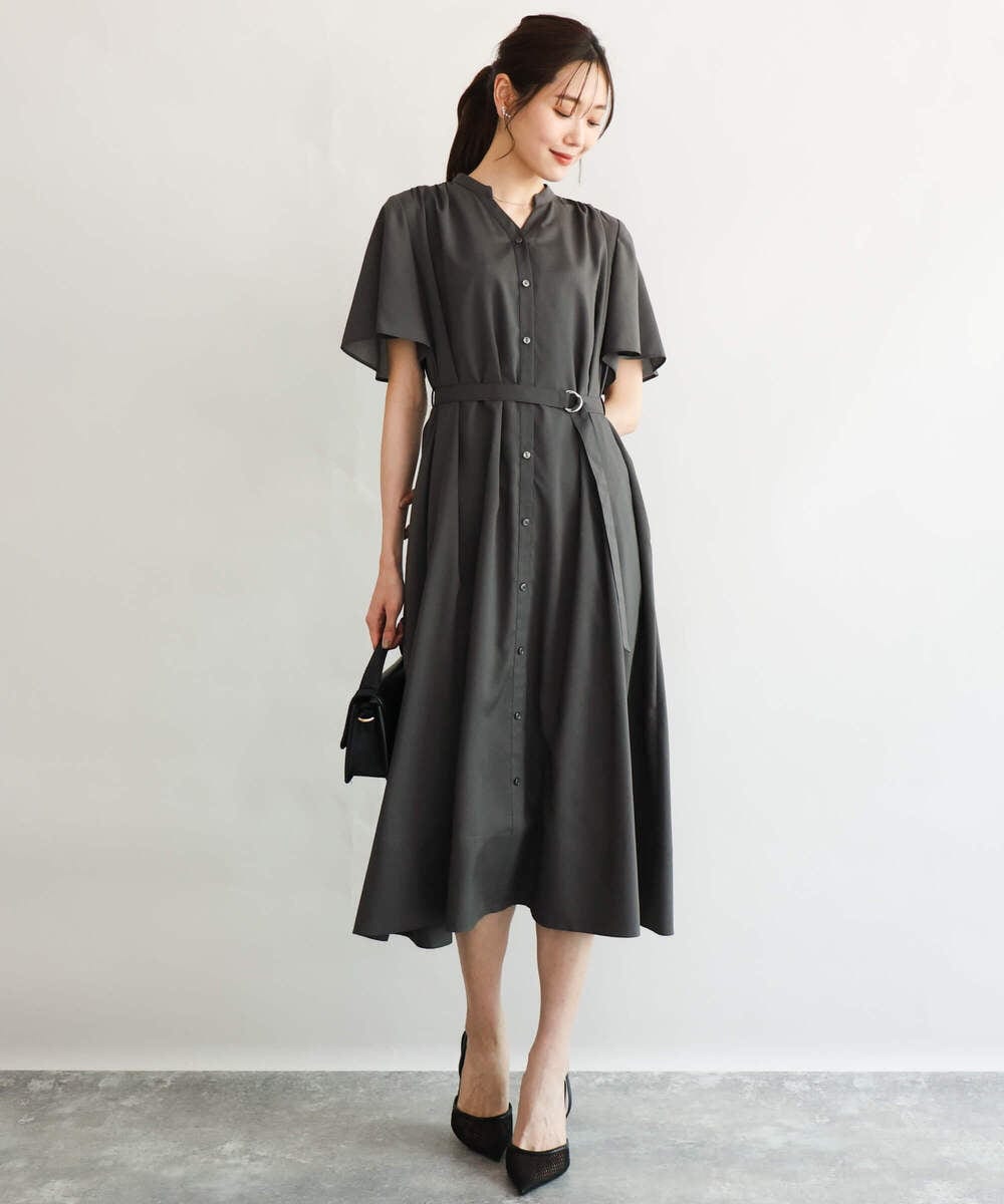 F1EGD58210 MK MICHEL KLEIN(小さいサイズ)(メゾン ドゥ サンク) 【小さいサイズ】[洗える]フレアースリーブ ベルト付きワンピース ダークグレー