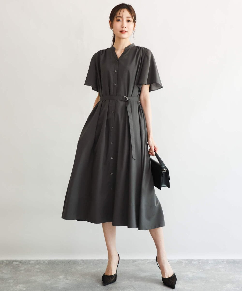 F1EGD58210 MK MICHEL KLEIN(小さいサイズ)(メゾン ドゥ サンク) 【小さいサイズ】[洗える]フレアースリーブ ベルト付きワンピース ダークグレー