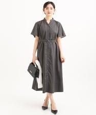 F1EGD58210 MK MICHEL KLEIN(小さいサイズ)(メゾン ドゥ サンク) 【小さいサイズ】[洗える]フレアースリーブ ベルト付きワンピース ダークグレー