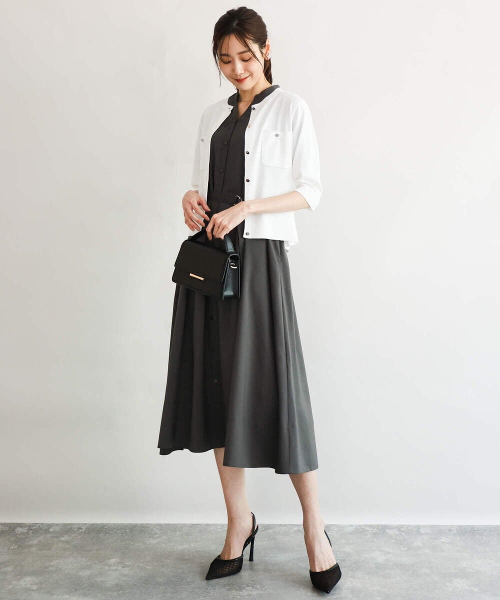 F1EGD58210 MK MICHEL KLEIN(小さいサイズ)(メゾン ドゥ サンク) 【小さいサイズ】[洗える]フレアースリーブ ベルト付きワンピース ダークグレー