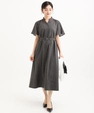 F1EGD58210 MK MICHEL KLEIN(小さいサイズ)(メゾン ドゥ サンク) 【小さいサイズ】[洗える]フレアースリーブ ベルト付きワンピース ダークグレー