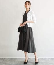 F1EGD58210 MK MICHEL KLEIN(小さいサイズ)(メゾン ドゥ サンク) 【小さいサイズ】[洗える]フレアースリーブ ベルト付きワンピース ダークグレー