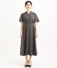 F1EGD58210 MK MICHEL KLEIN(小さいサイズ)(メゾン ドゥ サンク) 【小さいサイズ】[洗える]フレアースリーブ ベルト付きワンピース ダークグレー