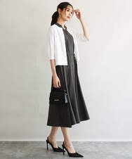 F1EGD58210 MK MICHEL KLEIN(小さいサイズ)(メゾン ドゥ サンク) 【小さいサイズ】[洗える]フレアースリーブ ベルト付きワンピース ダークグレー