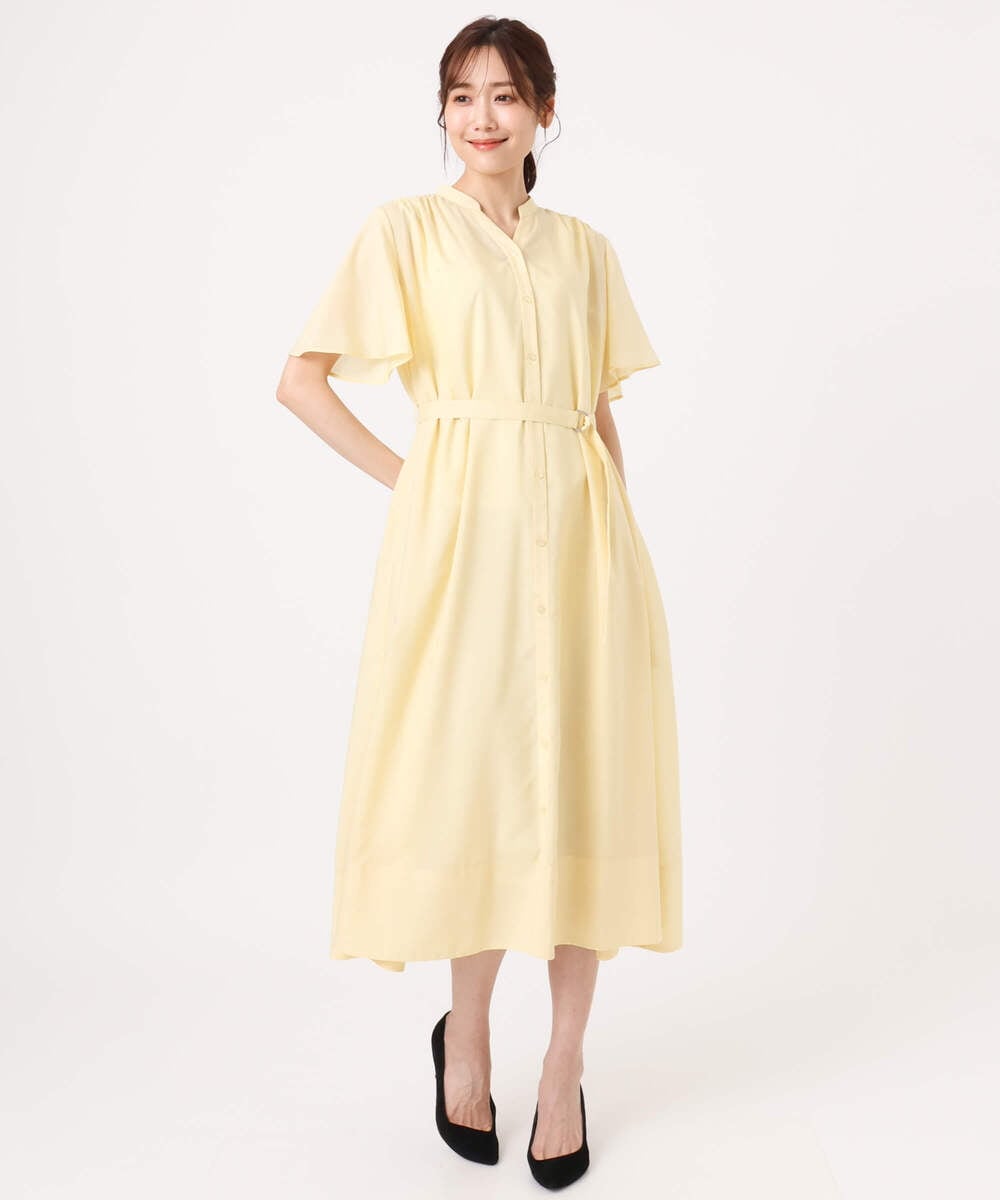 F1EGD58210 MK MICHEL KLEIN(小さいサイズ)(メゾン ドゥ サンク) 【小さいサイズ】[洗える]フレアースリーブ ベルト付きワンピース ダークグレー