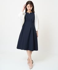 F1EGV69190 MK MICHEL KLEIN(小さいサイズ)(メゾン ドゥ サンク) 【小さいサイズ】ウエストタックキーネックワンピース/洗える ブルーグリーン