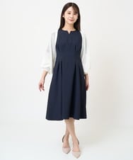 F1EGV69190 MK MICHEL KLEIN(小さいサイズ)(メゾン ドゥ サンク) 【小さいサイズ】ウエストタックキーネックワンピース/洗える ブルーグリーン