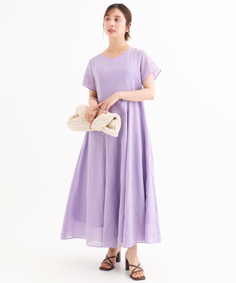 F1EHD65230 MK MICHEL KLEIN(小さいサイズ)(メゾン ドゥ サンク) 【小さいサイズ】[接触冷感/洗える]ラミーリネン混Aラインワンピース ラベンダー