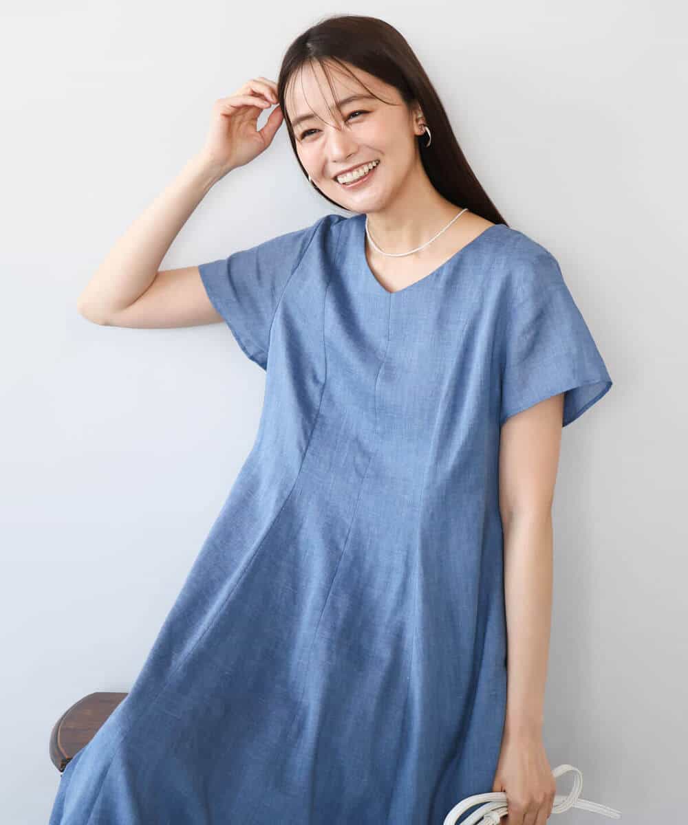 F1EHD65230 MK MICHEL KLEIN(小さいサイズ)(メゾン ドゥ サンク) 【小さいサイズ】[接触冷感/洗える]ラミーリネン混Aラインワンピース ラベンダー