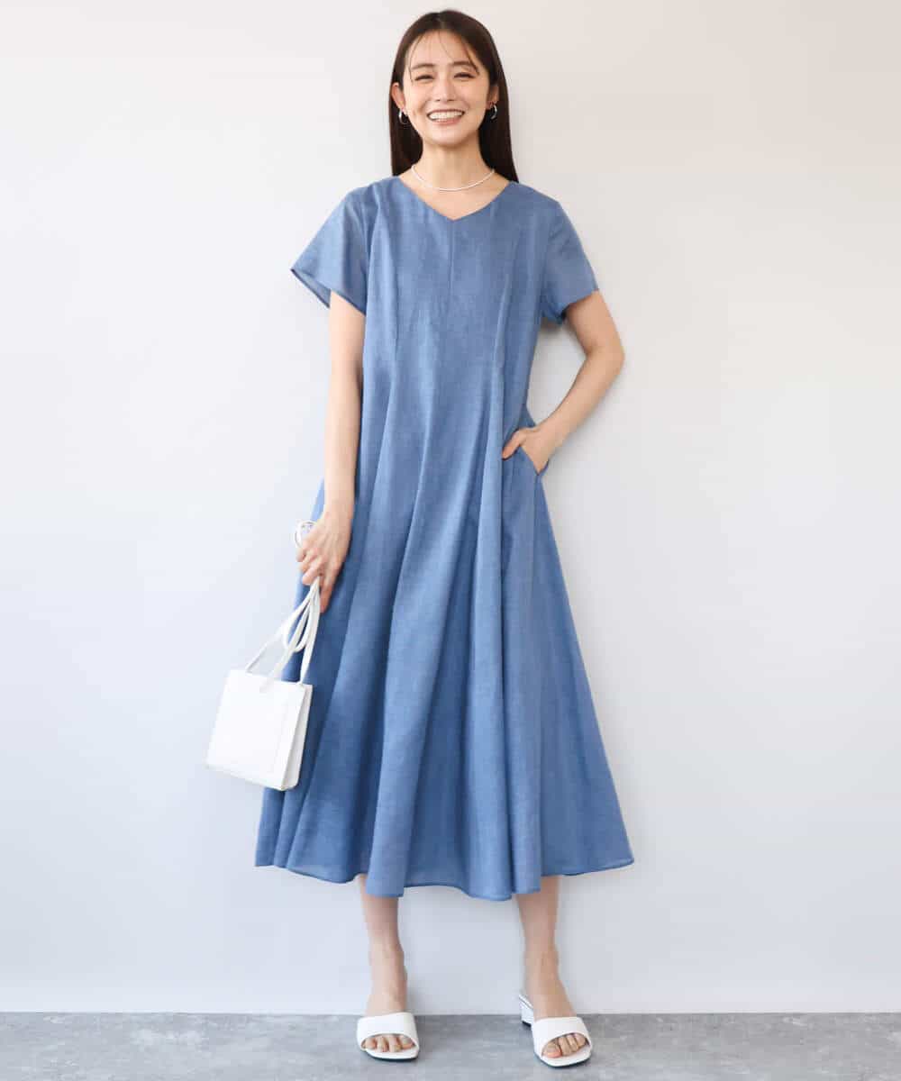 F1EHD65230 MK MICHEL KLEIN(小さいサイズ)(メゾン ドゥ サンク) 【小さいサイズ】[接触冷感/洗える]ラミーリネン混Aラインワンピース ラベンダー