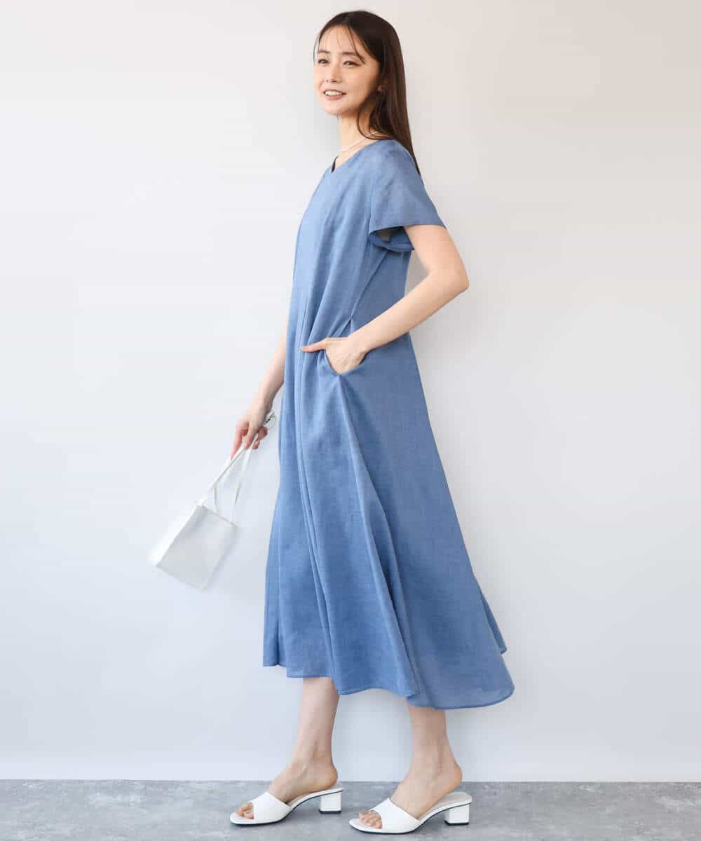 F1EHD65230 MK MICHEL KLEIN(小さいサイズ)(メゾン ドゥ サンク) 【小さいサイズ】[接触冷感/洗える]ラミーリネン混Aラインワンピース ラベンダー
