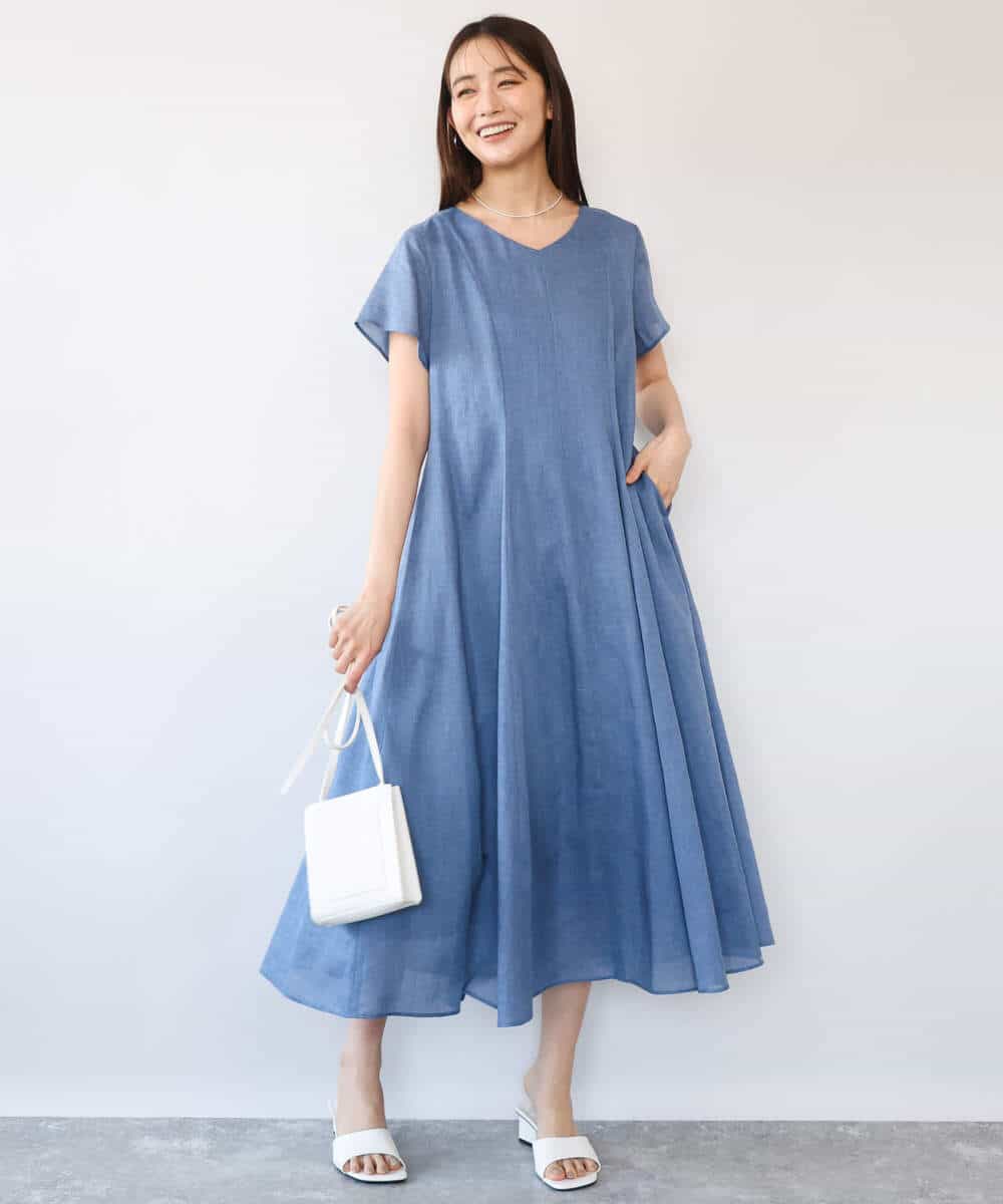 F1EHD65230 MK MICHEL KLEIN(小さいサイズ)(メゾン ドゥ サンク) 【小さいサイズ】[接触冷感/洗える]ラミーリネン混Aラインワンピース ラベンダー