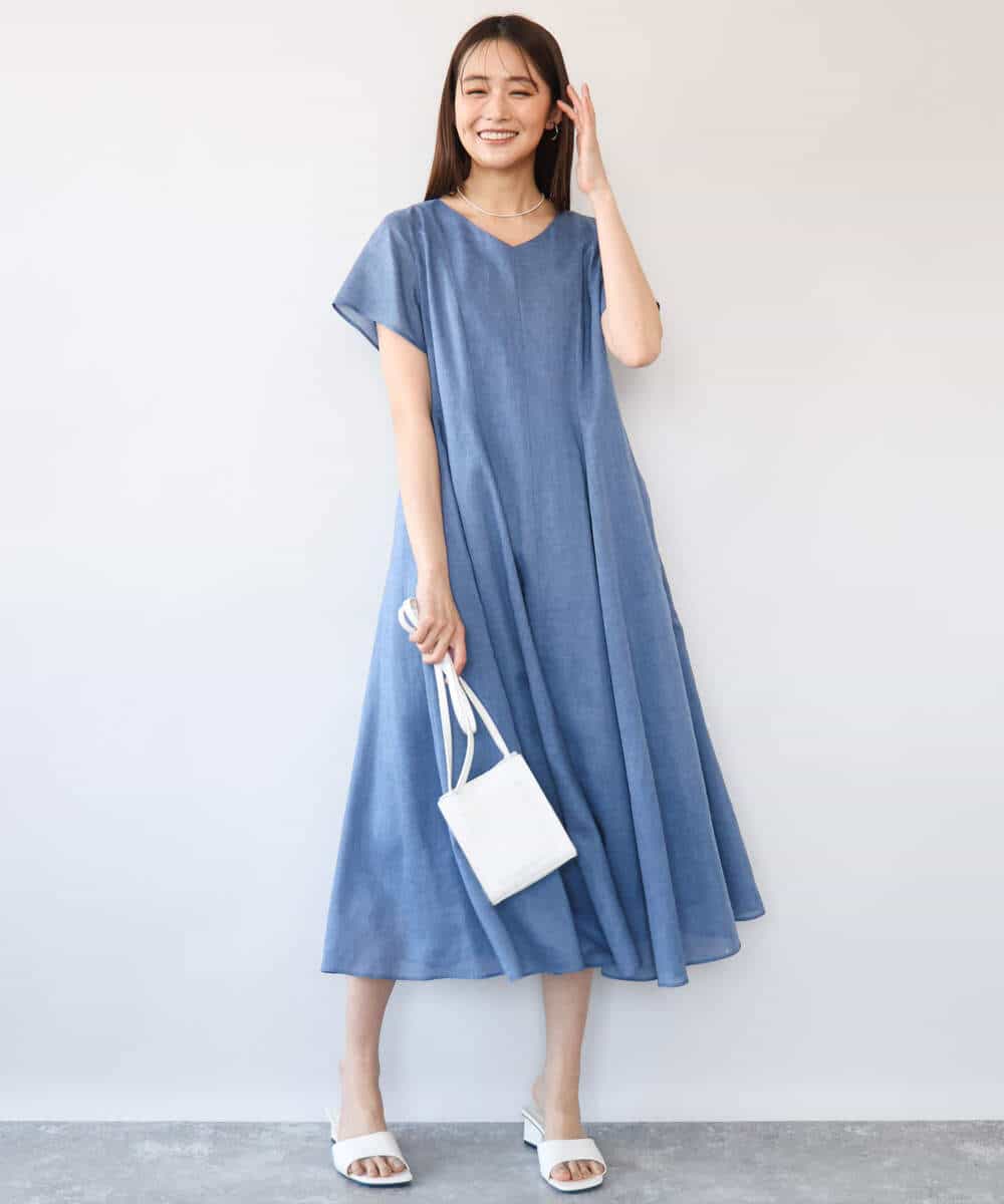 F1EHD65230 MK MICHEL KLEIN(小さいサイズ)(メゾン ドゥ サンク) 【小さいサイズ】[接触冷感/洗える]ラミーリネン混Aラインワンピース ラベンダー