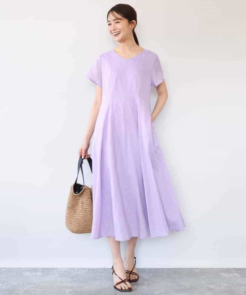 F1EHD65230 MK MICHEL KLEIN(小さいサイズ)(メゾン ドゥ サンク) 【小さいサイズ】[接触冷感/洗える]ラミーリネン混Aラインワンピース ラベンダー