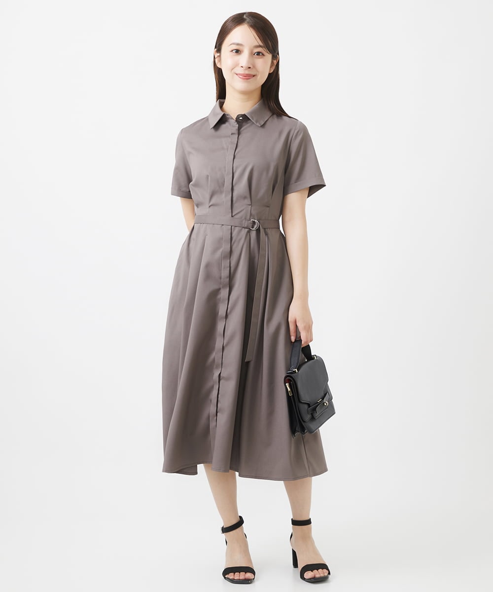 F1EIV18190 MK MICHEL KLEIN(小さいサイズ)(メゾン ドゥ サンク) 【小さいサイズ】ウエストタックシャツワンピース/洗える グリーン