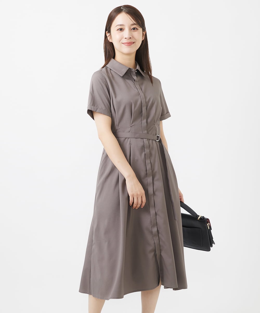 F1EIV18190 MK MICHEL KLEIN(小さいサイズ)(メゾン ドゥ サンク) 【小さいサイズ】ウエストタックシャツワンピース/洗える グリーン