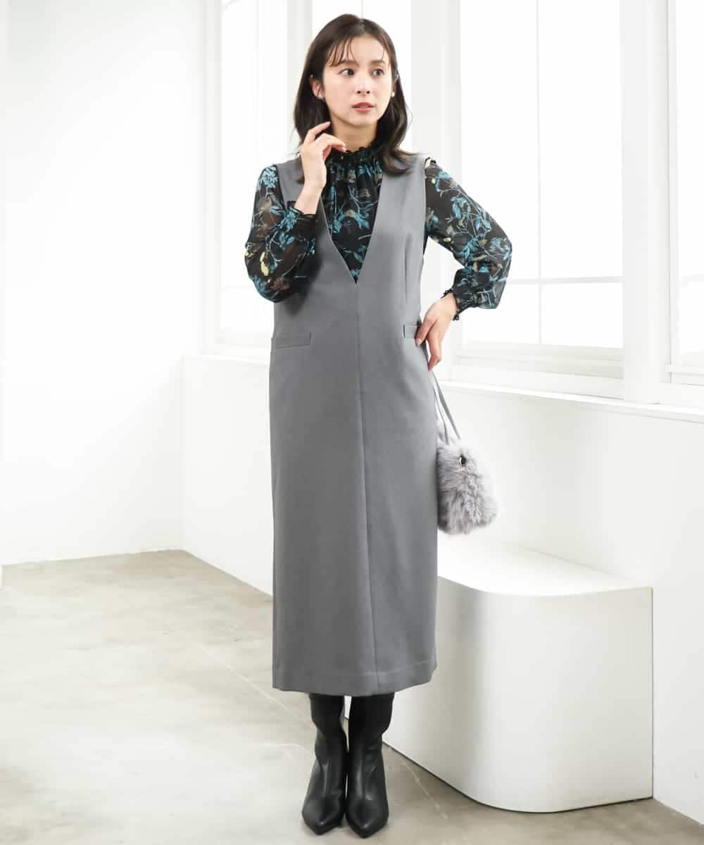 F1EJD40230 MK MICHEL KLEIN(小さいサイズ)(メゾン ドゥ サンク) 【小さいサイズ】[洗える]Vネックジャンパースカート グレー