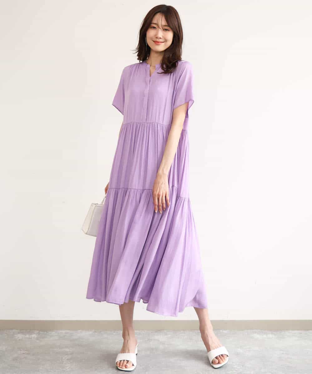 F1EJD72210 MK MICHEL KLEIN(小さいサイズ)(メゾン ドゥ サンク) [UVカット/接触冷感/洗える]ティアードデザインサテンワンピース ダークグレー